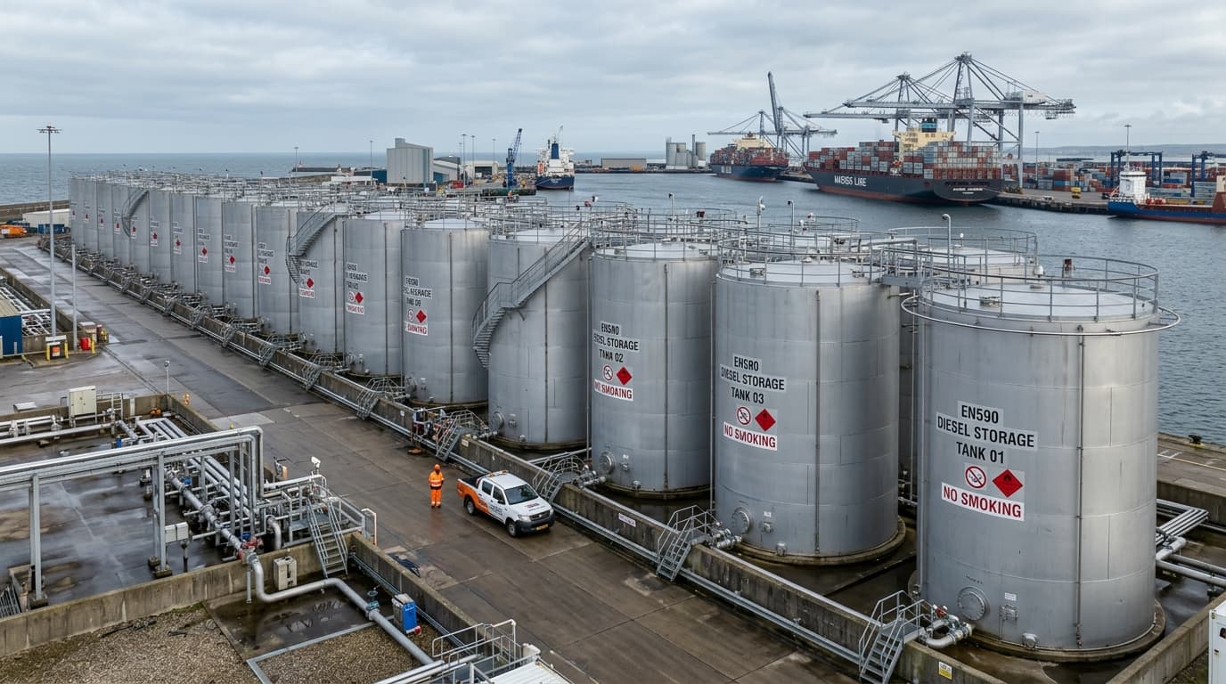A long row of pristine EN590 diesel storage tanks at a coastal port (AI-generated image)