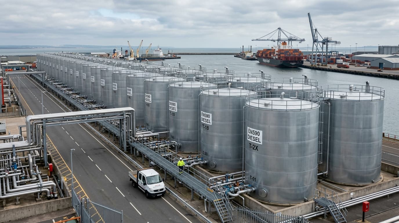 Una larga fila de tanques de almacenamiento de diésel EN590 impecables en un puerto costero (imagen generada por IA)
