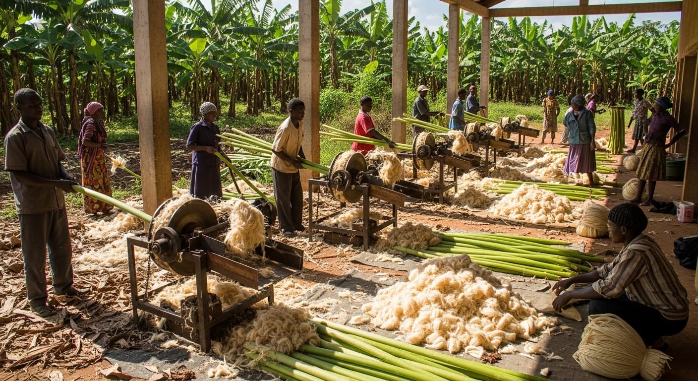 Macchine per l'estrazione della fibra di banana in Uganda (immagine generata dall'IA).