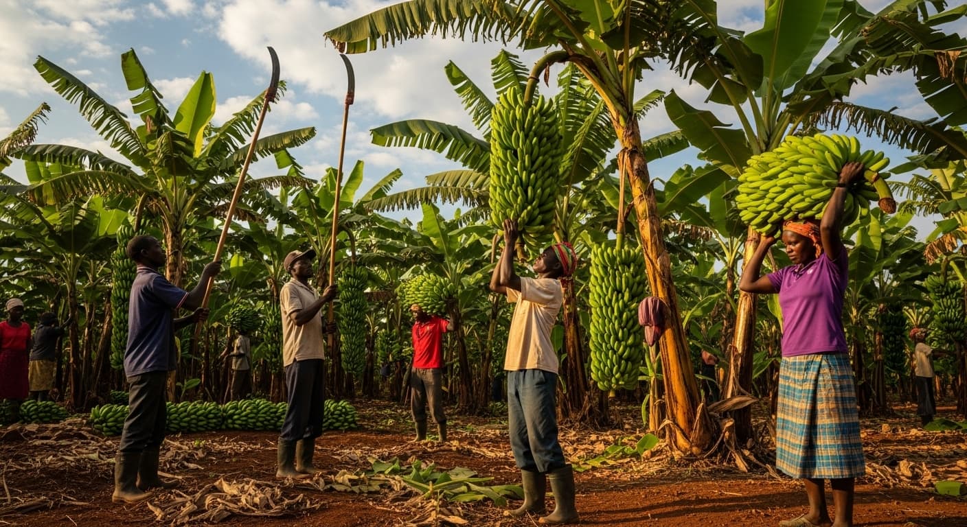 Agricoltori che raccolgono banane in Uganda (immagine generata dall'IA).