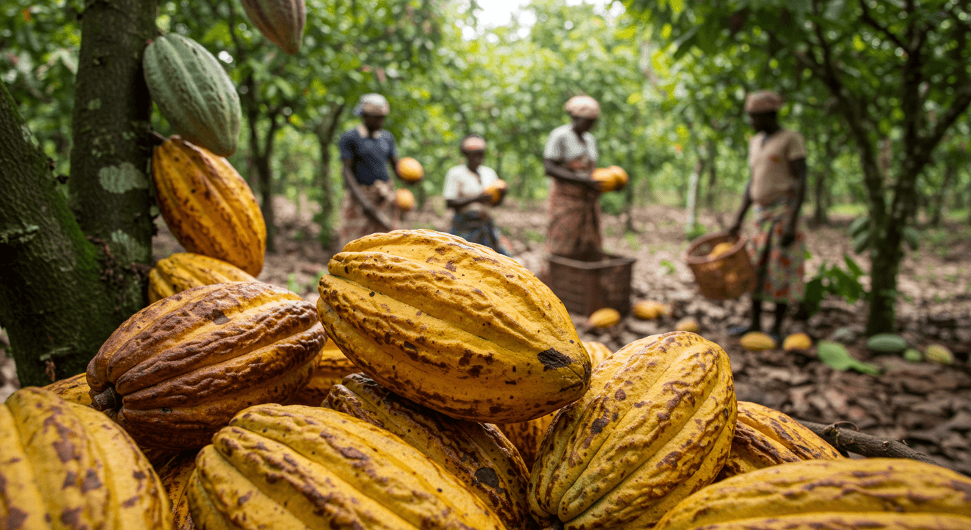 Récolte de cabosses de cacao au Ghana (image générée par l'IA).