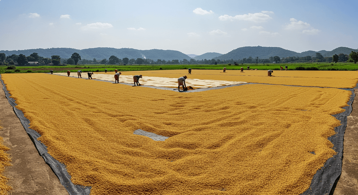 Farmers drying paddy rice in India (AI-generated image).