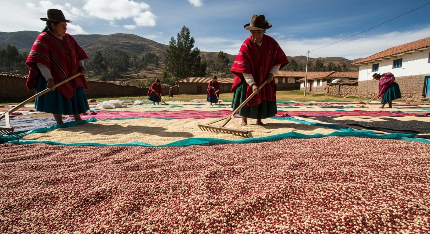 Contadini che essiccano la quinoa in Perù (immagine generata dall'IA).