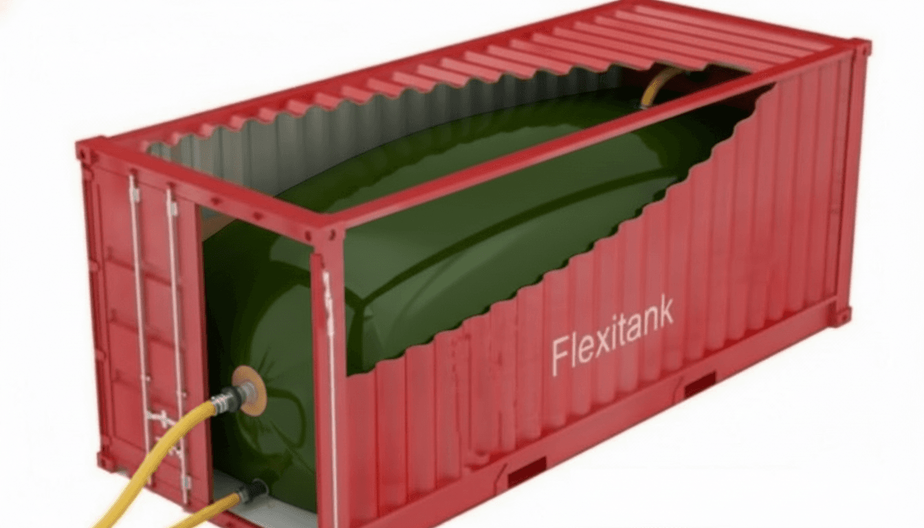 Crude avocado oil in a 24,000 L flexitank (AI-generated image).