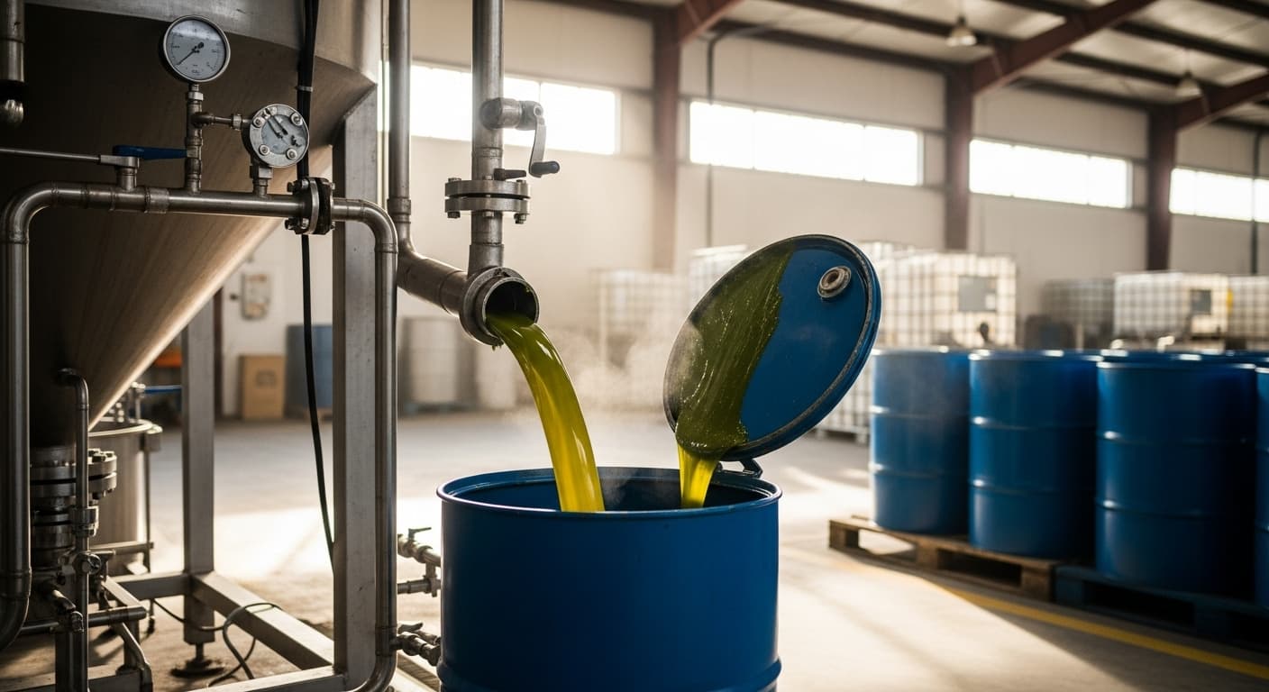 Huile d’avocat brute en cours de remplissage dans un fût (image générée par IA).