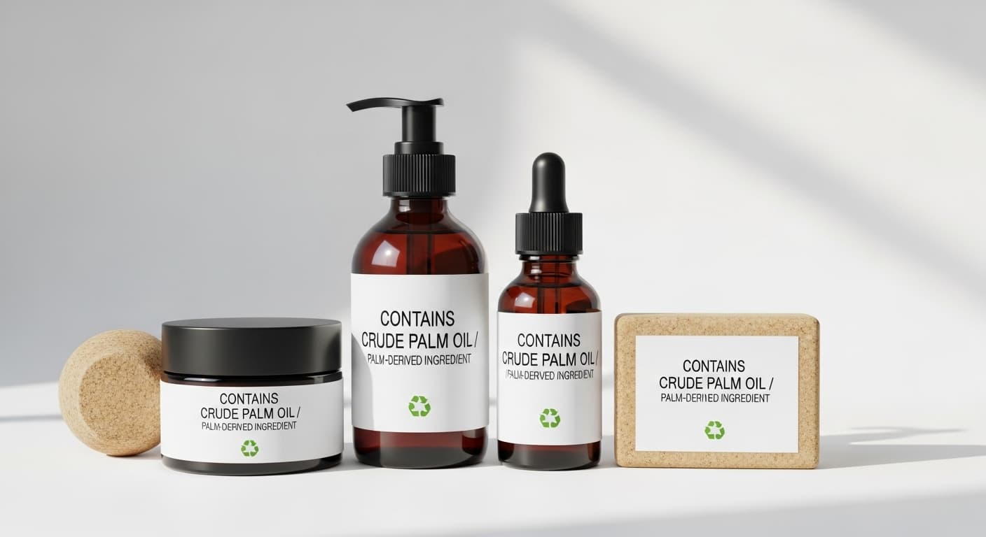 Premium cosmetics set (face cream jar, pump-lotion bottle, amber dropper bottle, and soap bar) clearly labeled “Contains crude palm oil / palm-derived ingredient.” (AI-generated image)