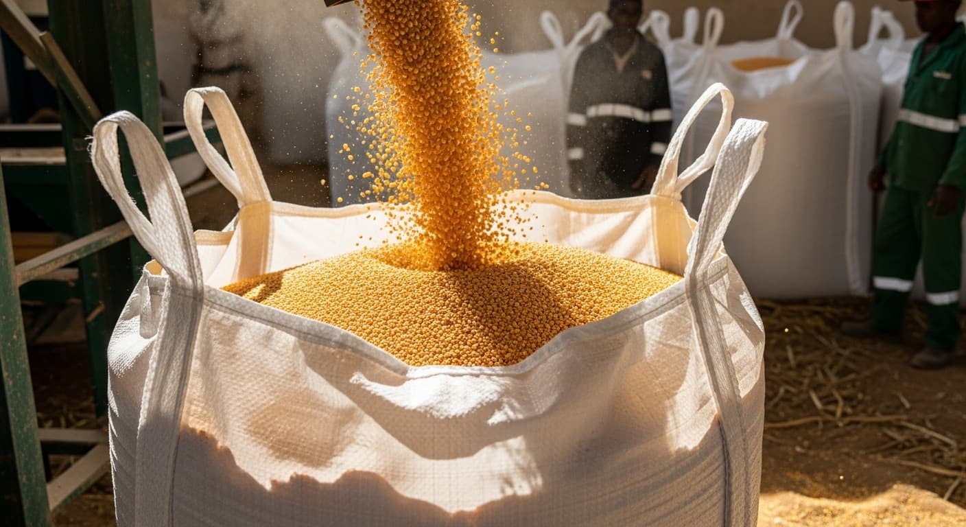 Maize grains are falling into a jumbo bag in Tanzania (AI-generated image).