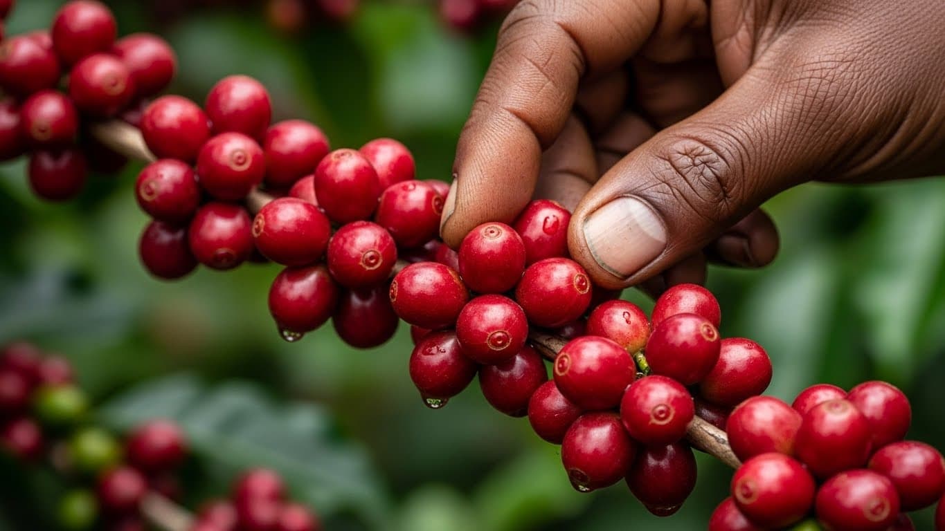 Close-up of red coffee cherries on a branch in Uganda, with a farmer’s hand inspecting them. (AI-generated image)