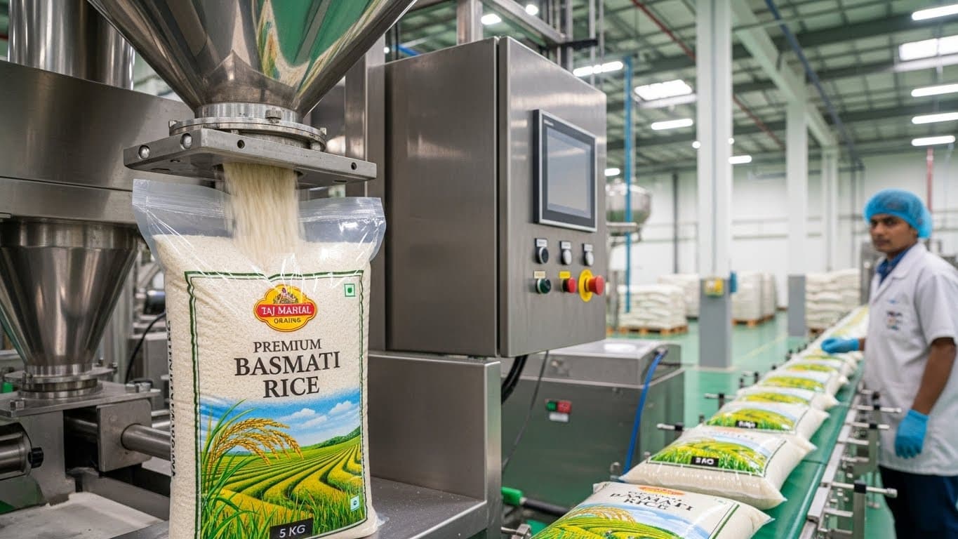 Basmati rice is being packaged in a 5-kg bag at a processing plant in India (AI-generated image).