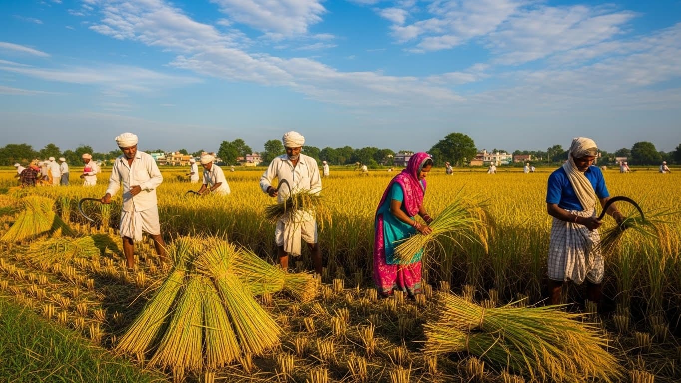 Indian farmers are harvesting ripe basmati rice in a paddy (AI-generated image).