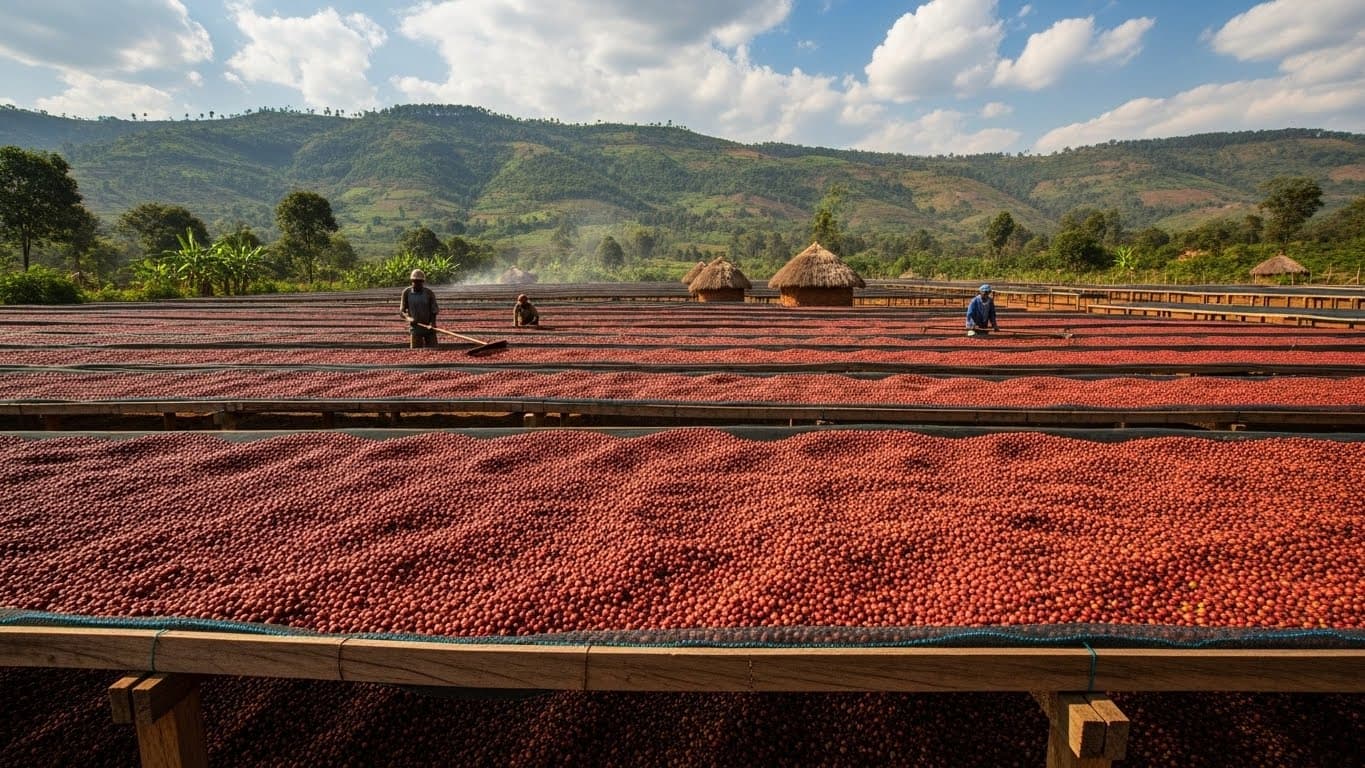 Coffee beans drying on raised beds in Tanzania. (AI-generated image)