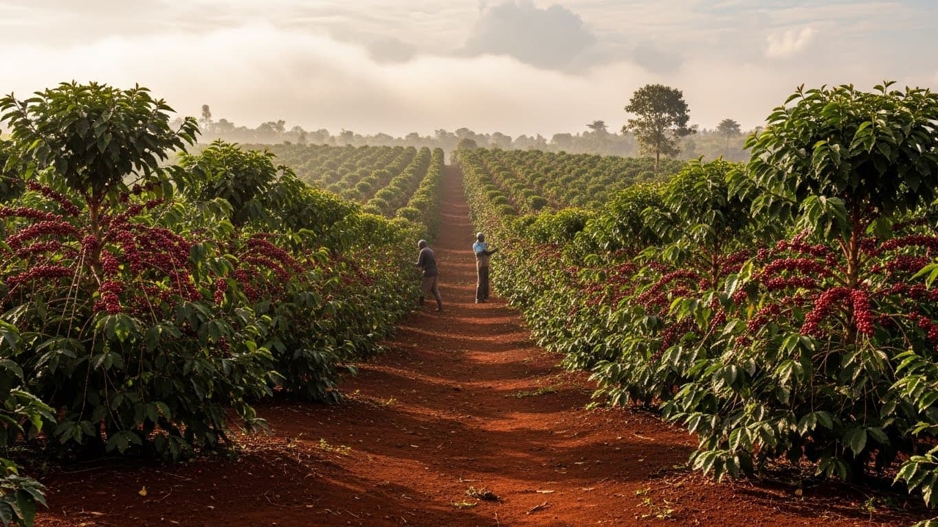 Traditional coffee farm in Kenya with coffee cherries on Arabica trees and red soil. (AI-generated image)