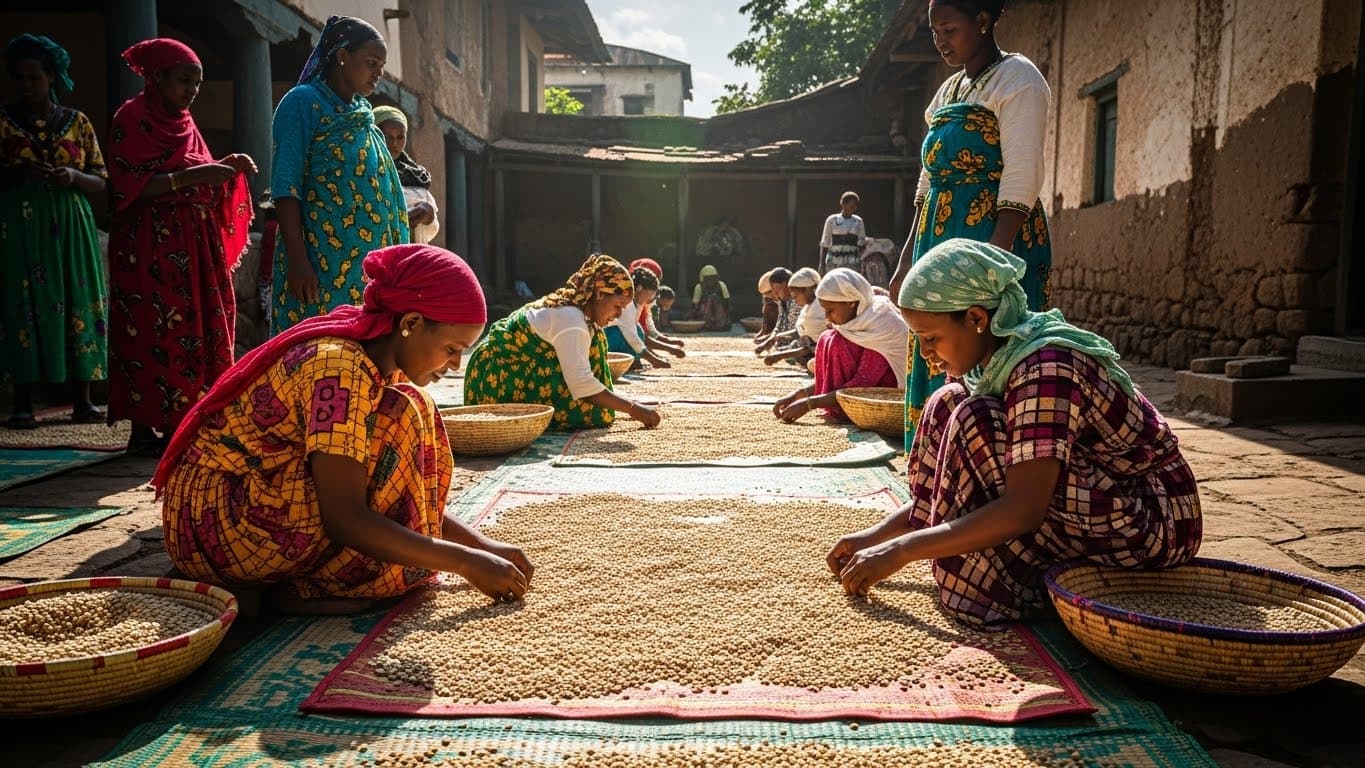 Women hand-sorting coffee beans on woven mats in Ethiopia. (AI-generated image)