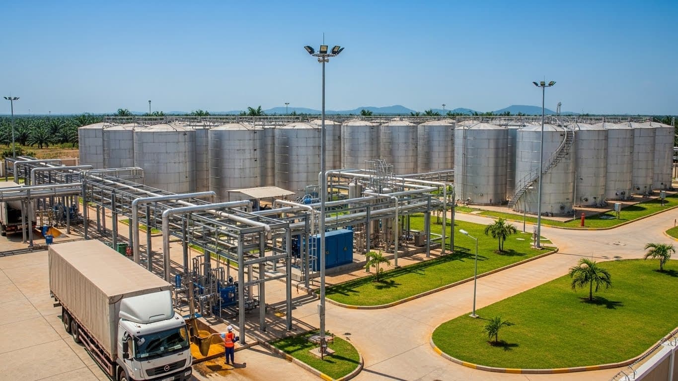 Modern crude soybean oil storage facility in Nigeria (AI-generated image).