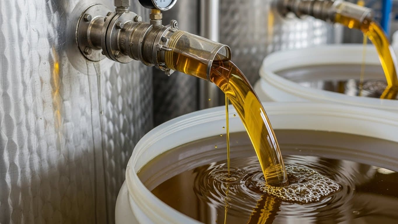 Crude sunflower oil being pumped from a stainless-steel tank into a storage tank (AI-generated image).