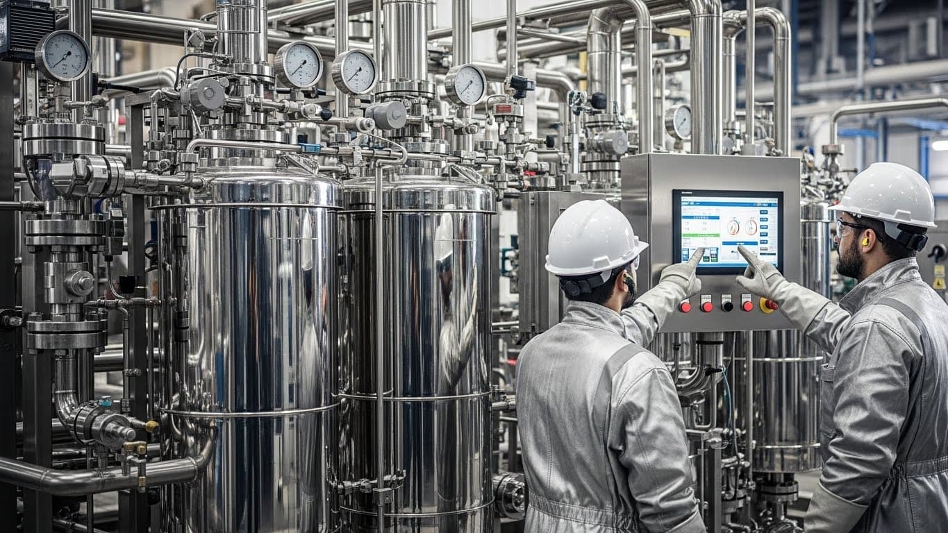 Sunflower oil filtration equipment in a refinery, with technicians in PPE monitoring screens (AI-generated image)