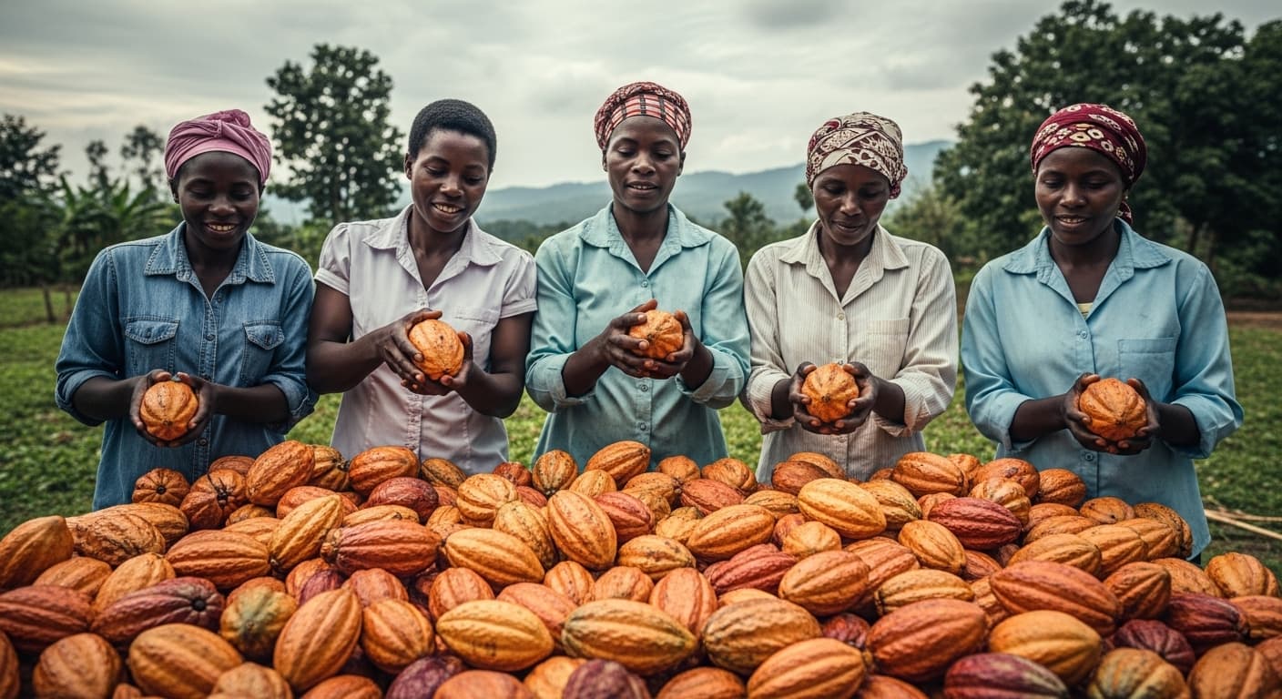 Ghanaian cocoa farmers harvesting ripe cocoa pods (AI-generated image)