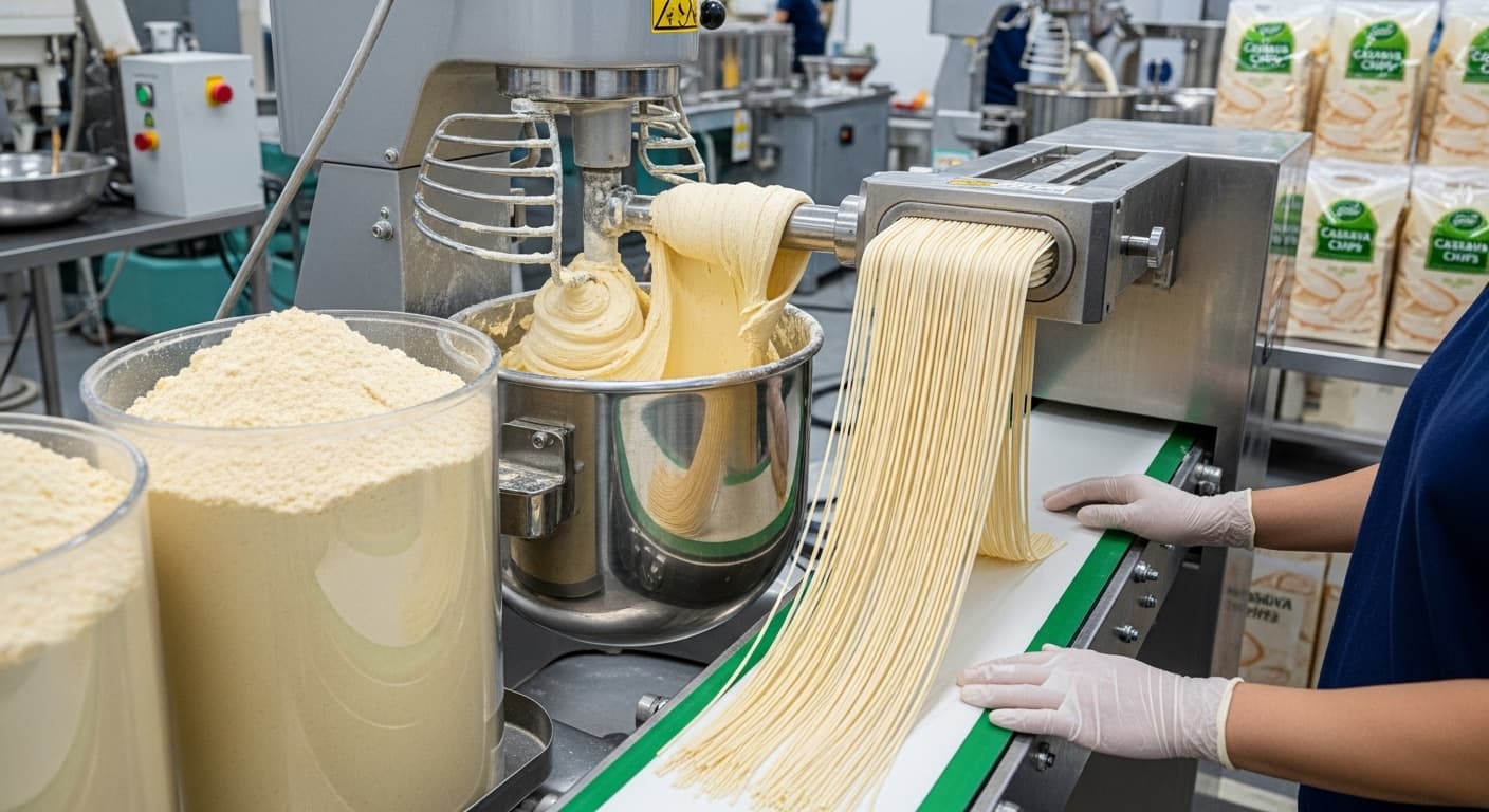 キャッサバチップを原料として使用したグルテンフリー麺の製造(AI生成画像)