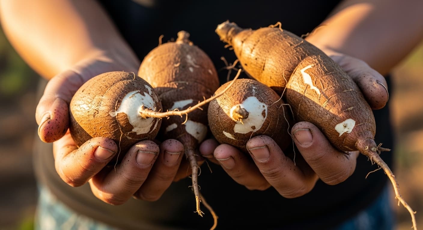 新鮮なキャッサバの塊根を手に持つ女性小規模農家の手元のクローズアップ(AI生成画像)