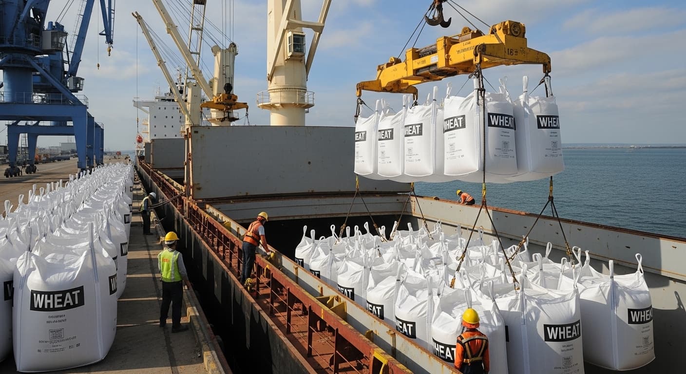 Jumbo bags of wheat being loaded onto a bulk vessel (AI-generated image)