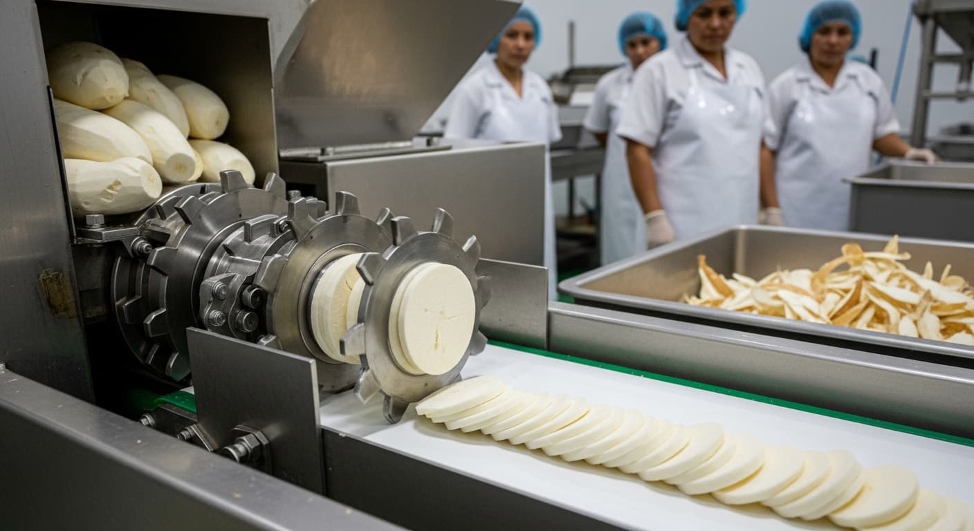 キャッサバスライサーのラインが、皮をむいたキャッサバの根を丸いスライスに切断している様子(AI生成画像)