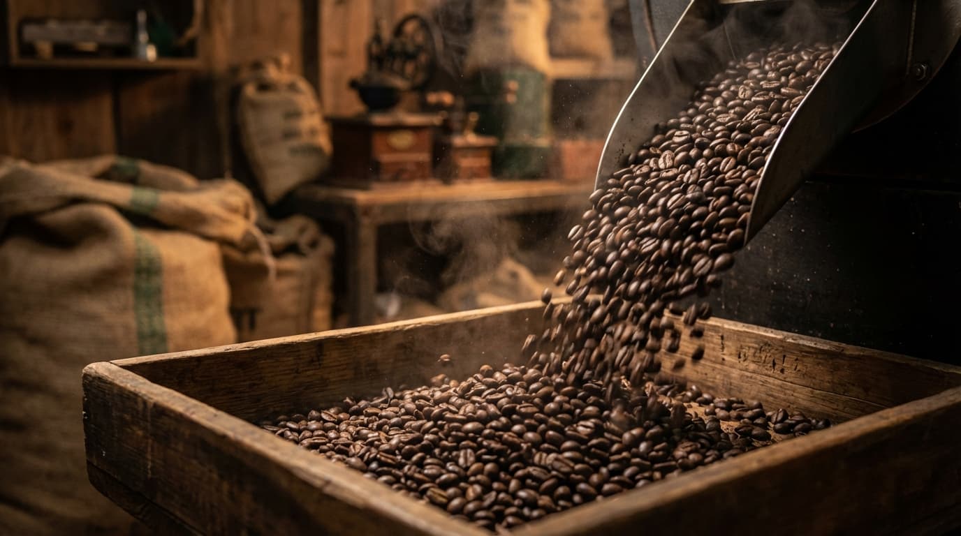 Roasted Vietnamese coffee beans falling into a tray (AI-generated image)