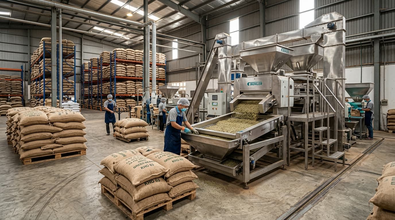 Green coffee beans being processed in a modern Vietnamese coffee warehouse (AI-generated image).
