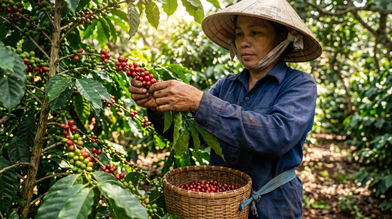 Vietnamese farmers harvesting ripe coffee cherries on a coffee plantation in Vietnam (AI-generated image).