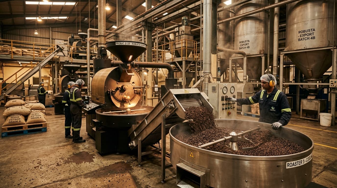 Inside a large industrial coffee roasting plant processing Robusta coffee beans for global export (AI-generated image)