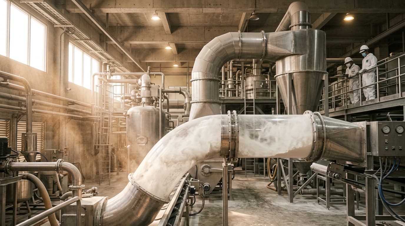 Usine nigériane d’amidon de manioc, avec de la poudre blanche d’amidon de manioc circulant dans un système de séchage (image générée par IA)