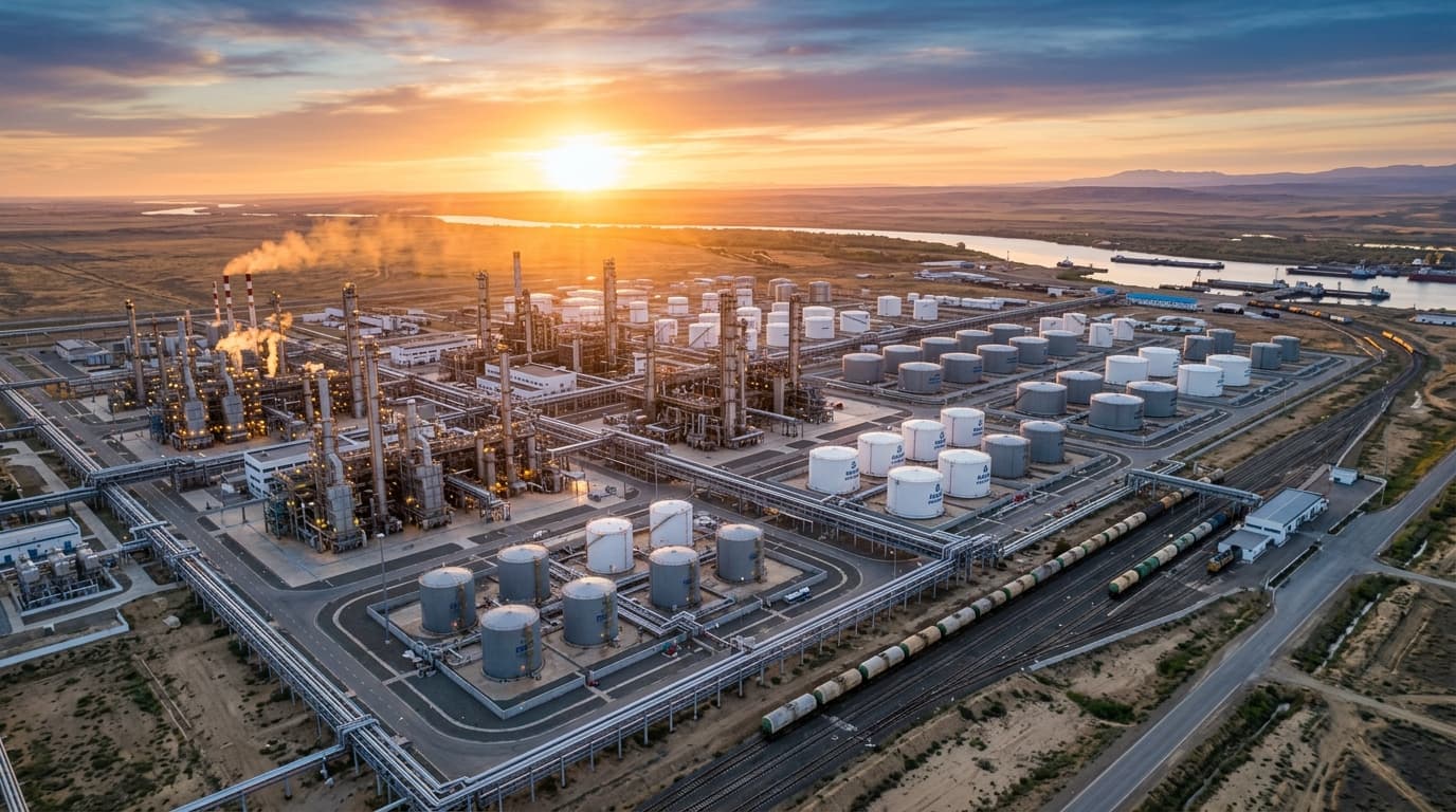 Raffinerie de pétrole kazakhe au lever du soleil (image générée par IA)