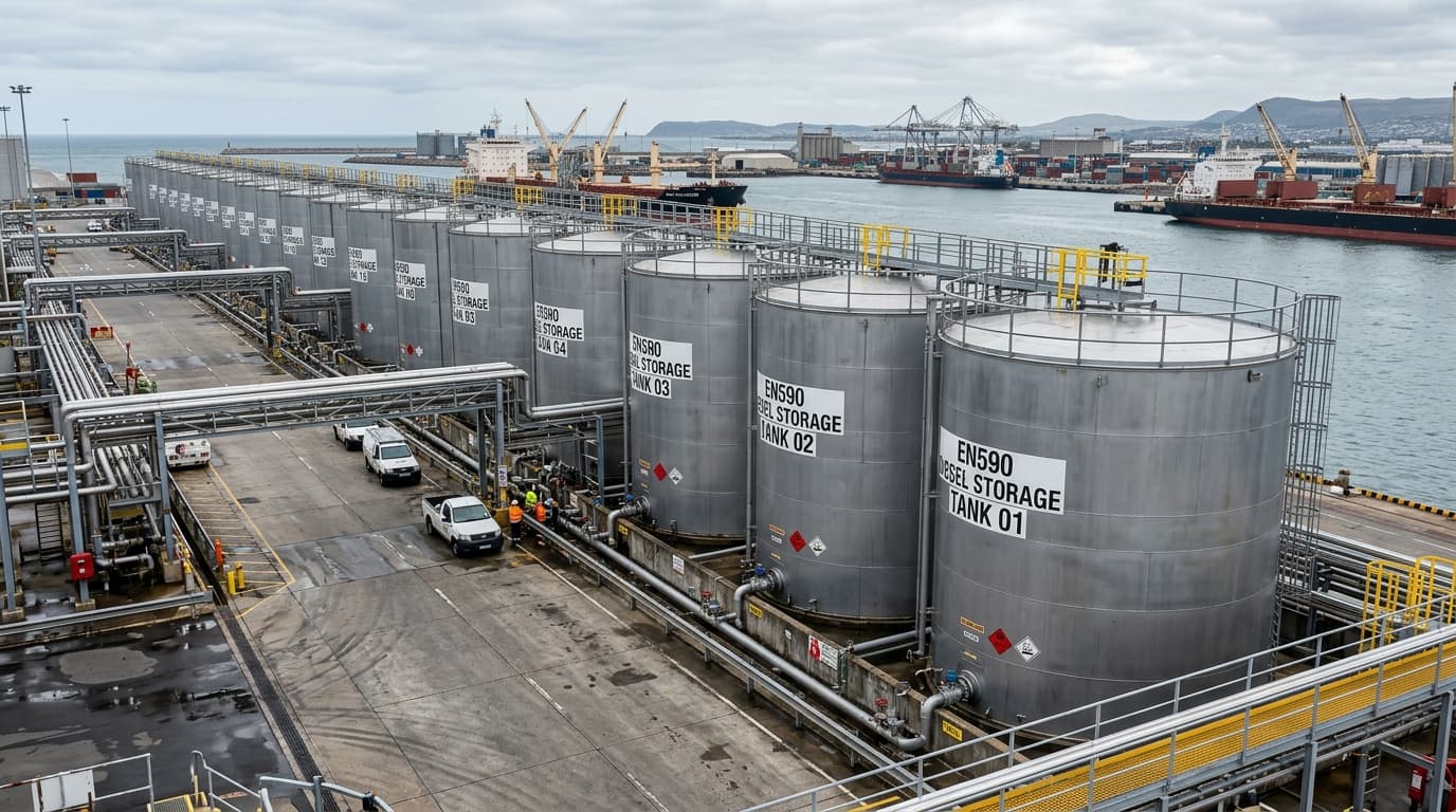 Une longue rangée de réservoirs de stockage de diesel EN590 impeccables dans un port côtier (image générée par IA)